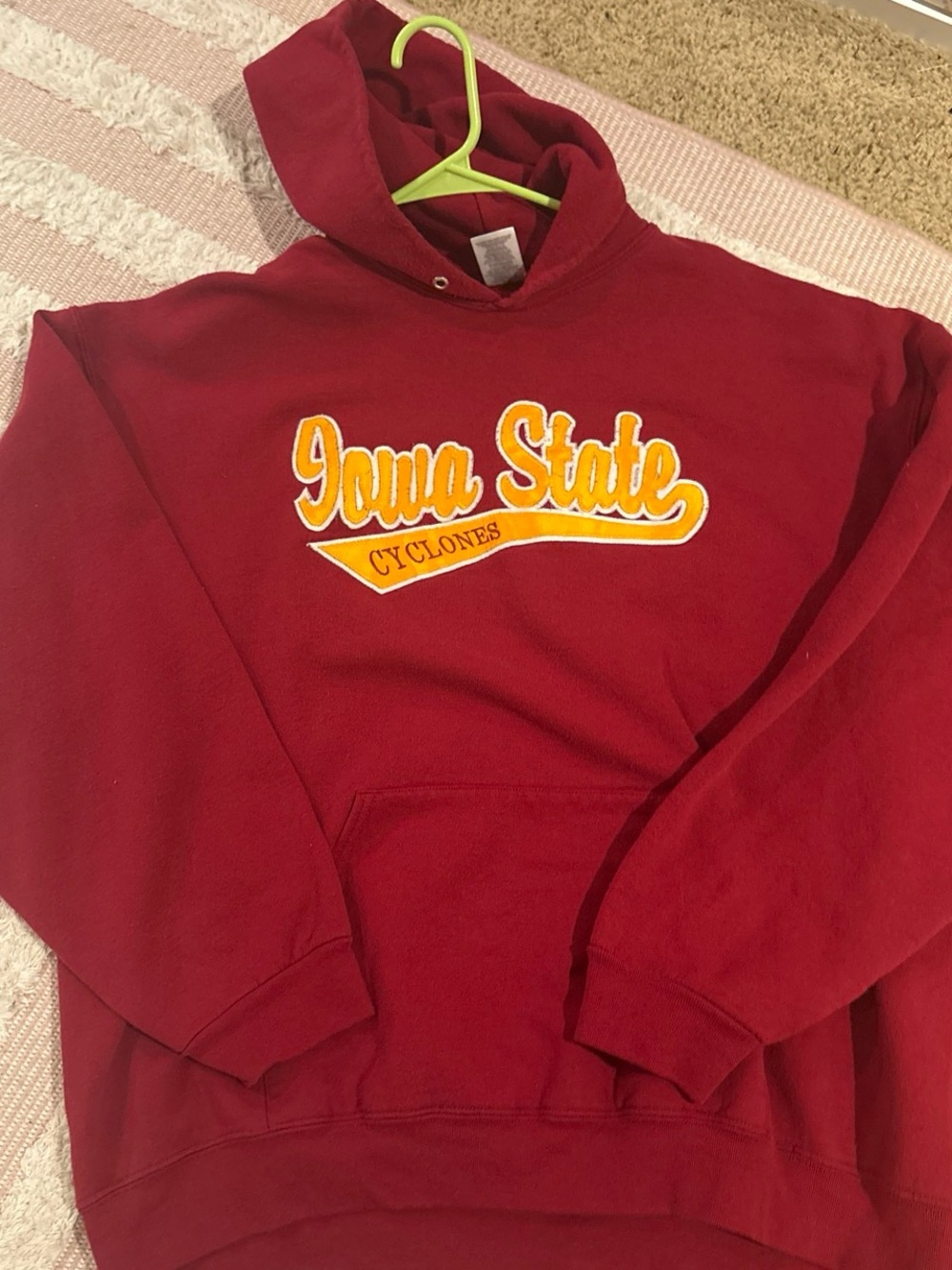 Jerzees Red Hooded Sweatshirt with Blue Logo Tag